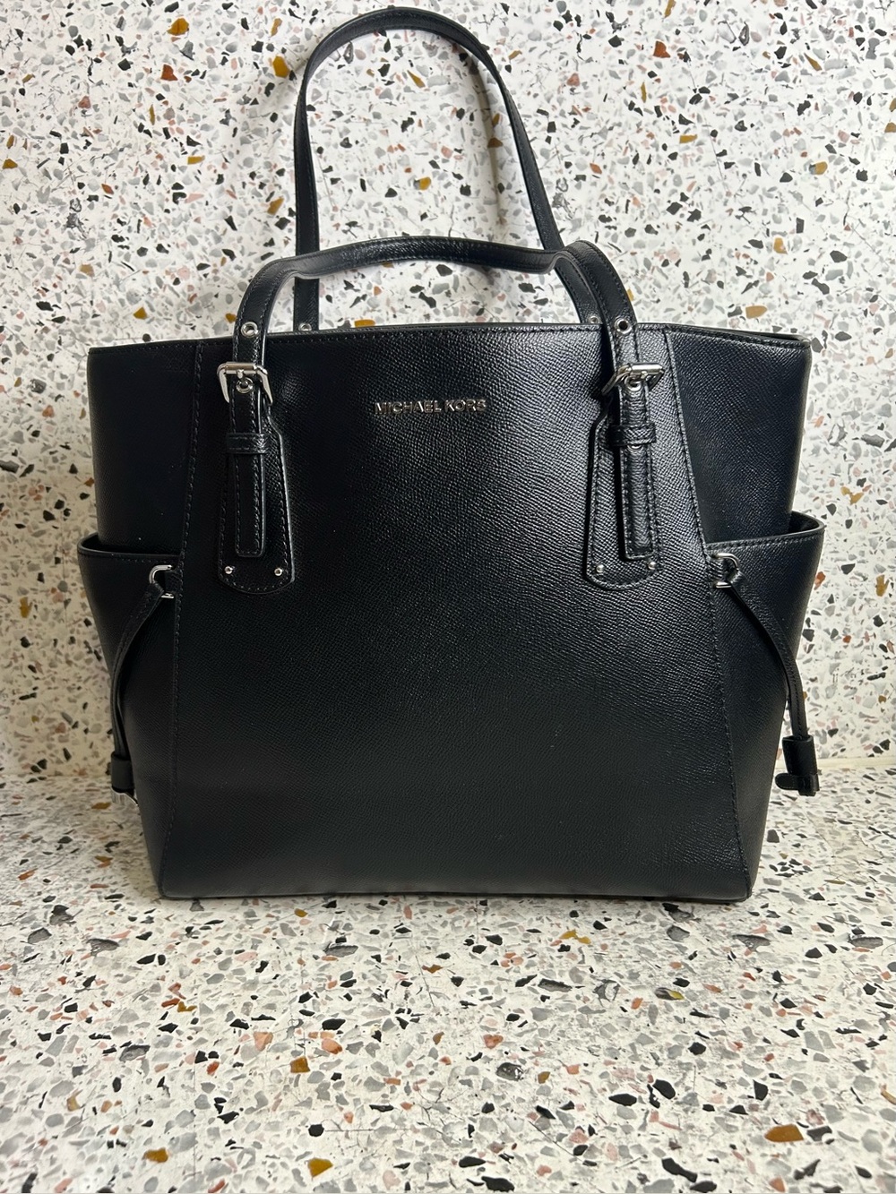 Michael Kors Black Saffiano Voyager East West Tote Bag Silver